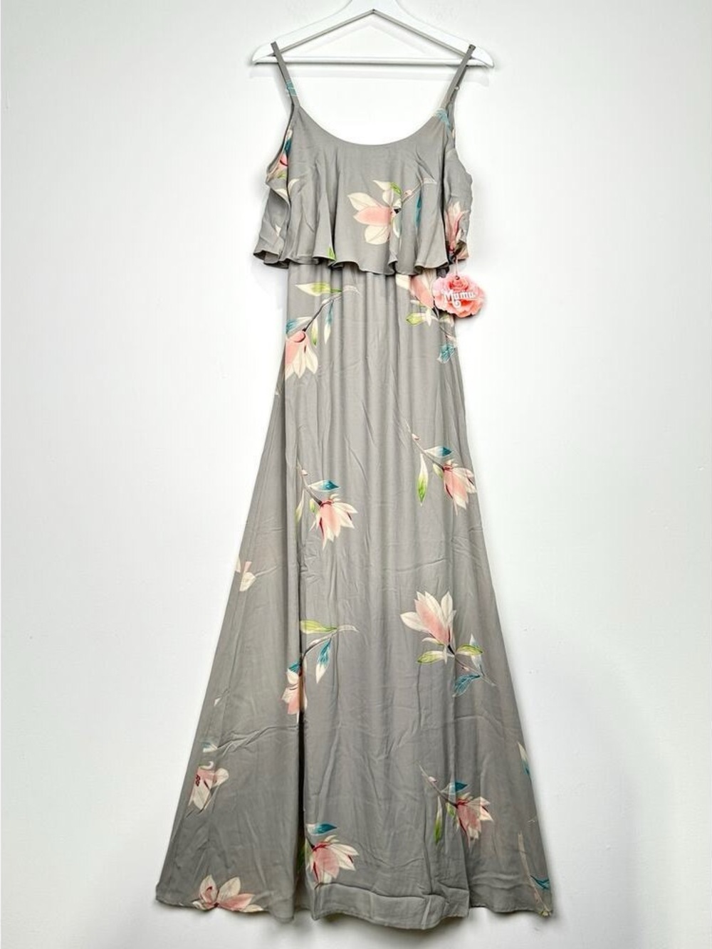 Show Me Your Mumu Caitlin Gray Floral Ruffle Cold Shoulder Maxi Dress S NWT - Picture 3 of 9